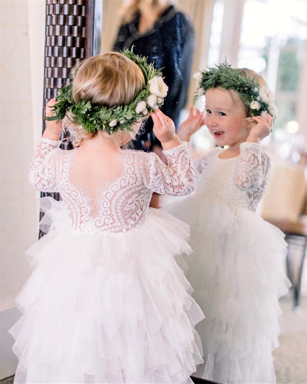 2Bunnies Girl Peony Lace Back A-Line Tiered Tutu Tulle Party Flower Girl Dress (White Sleeve Maxi, 5)