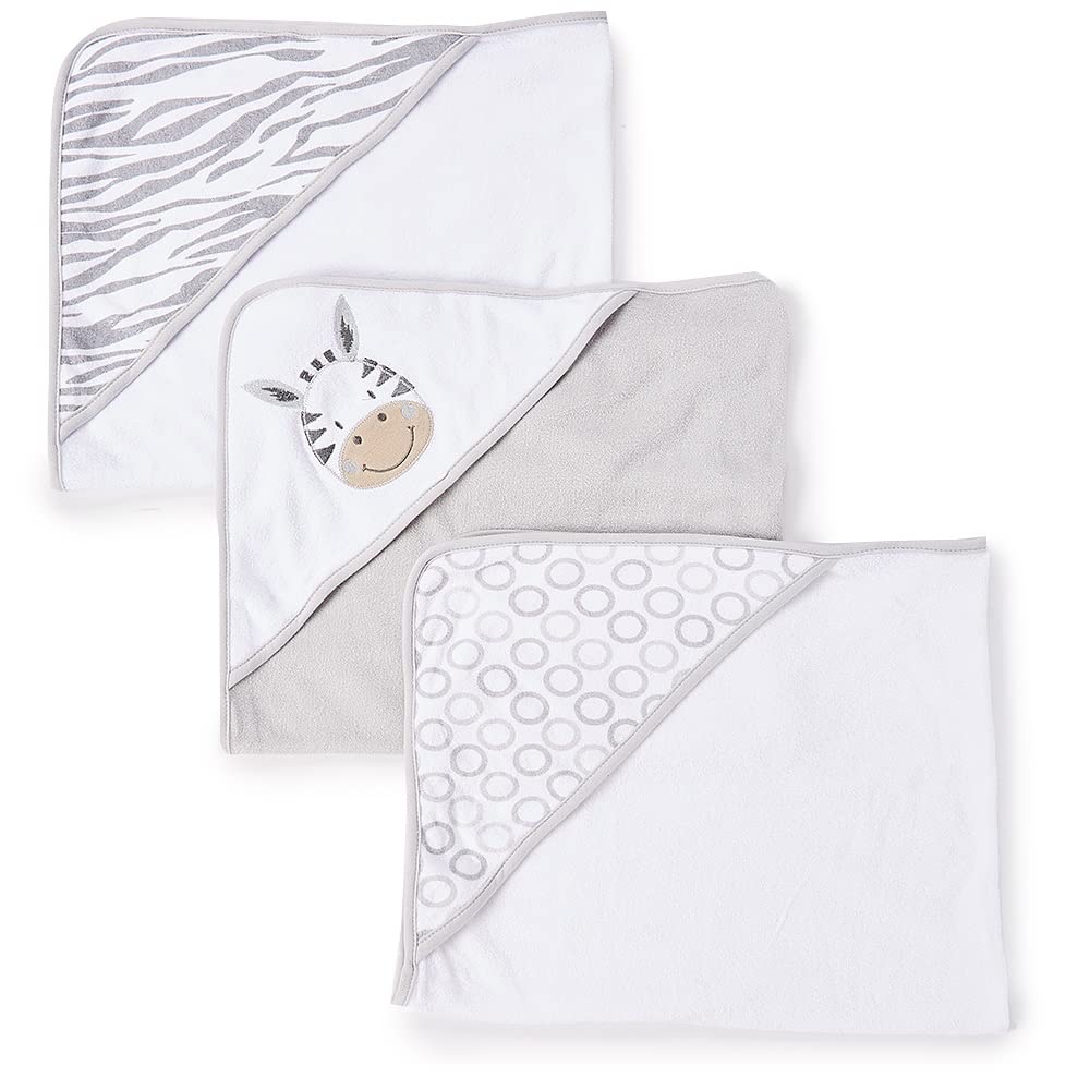 Spasilk Baby 3 Pack Soft Terry Hooded Towel Set For Newborn Boys And Girls, Grey Zebra