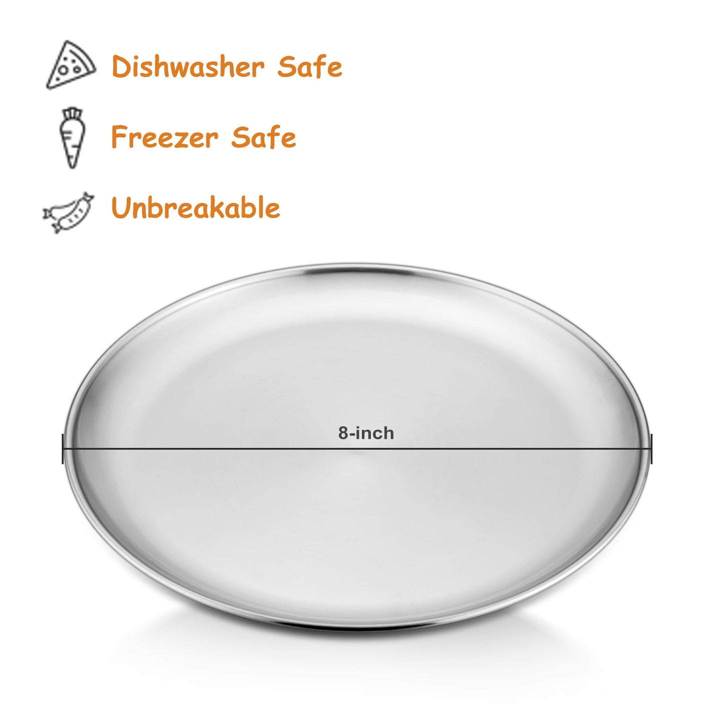 E-Far Stainless Steel Plates Set Of 6, 8-Inch Metal Dinner Plates For Kids Toddlers, Great For Self-Feeding/Picnic/Outdoor Campi