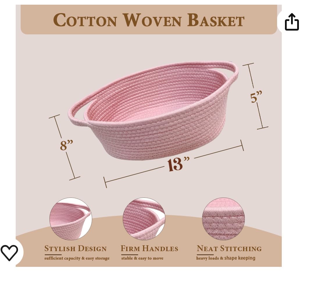 Giftexpress Pink Woven Basket - 13' X 8' X 5' Cotton Rope Organizing Baskets For Baby Items Or Cat & Dog Toys - Cute Soft Gif