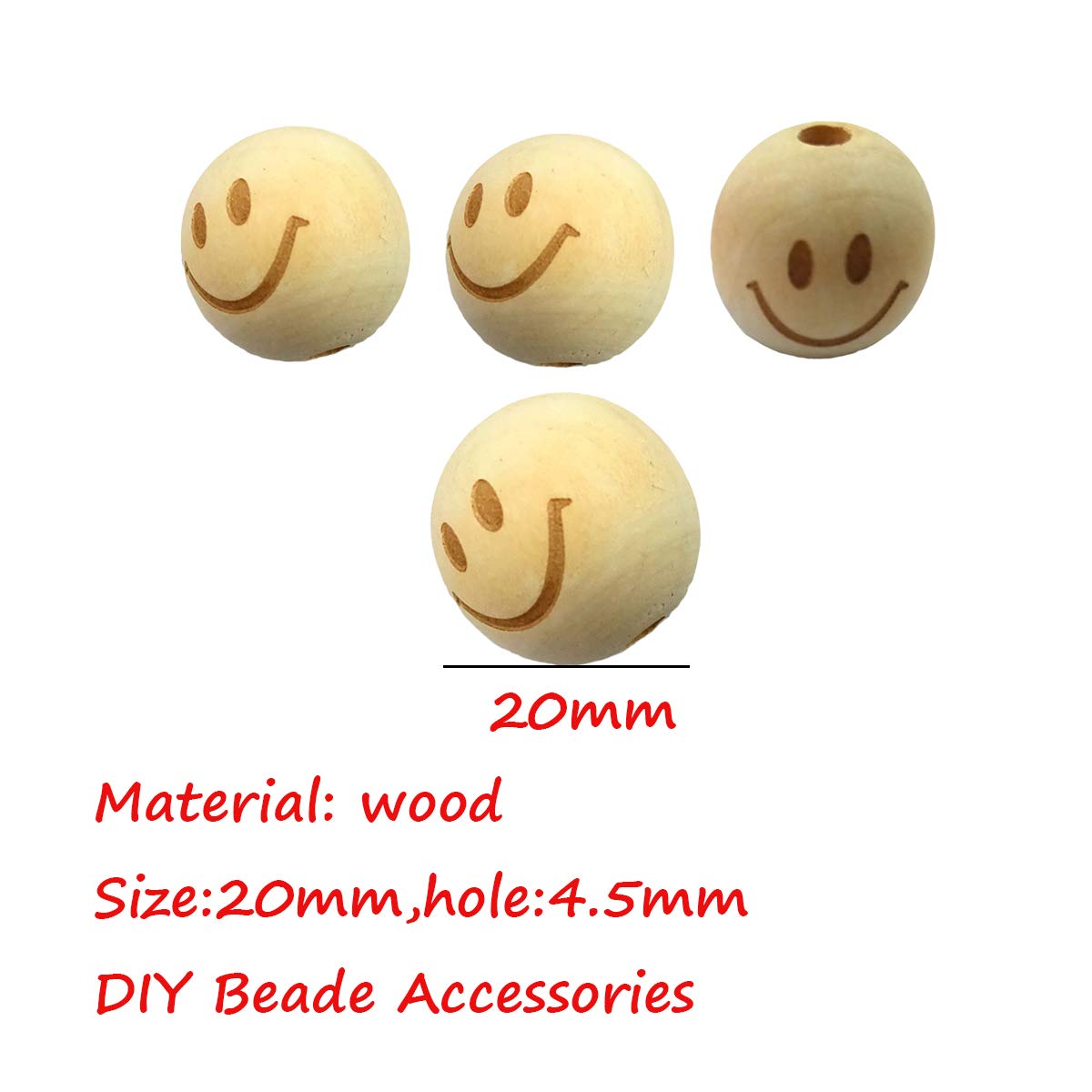 Alenybeby 50pcs 20mm Round Natural Wood Beads Laser Printing Smile face Beads Necklace Wooden Beads for Key Chain Jewelry Making
