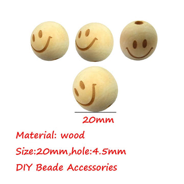 Alenybeby 50pcs 20mm Round Natural Wood Beads Laser Printing Smile face Beads Necklace Wooden Beads for Key Chain Jewelry Making