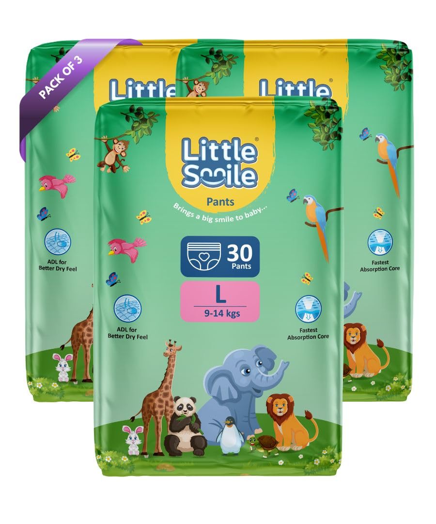 Little Smile Baby Diapers Pant Style | Large (L) Size | Ideal For 712 Kgs Baby | 90 Count Odorless And Antibacterial Layer Wit