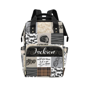 Noverbibi Personalized Motorcycle Diaper Bags with Name for Boys, Custom Mommy Diaper Backpack, Casual Daypack Bag Large Capacit