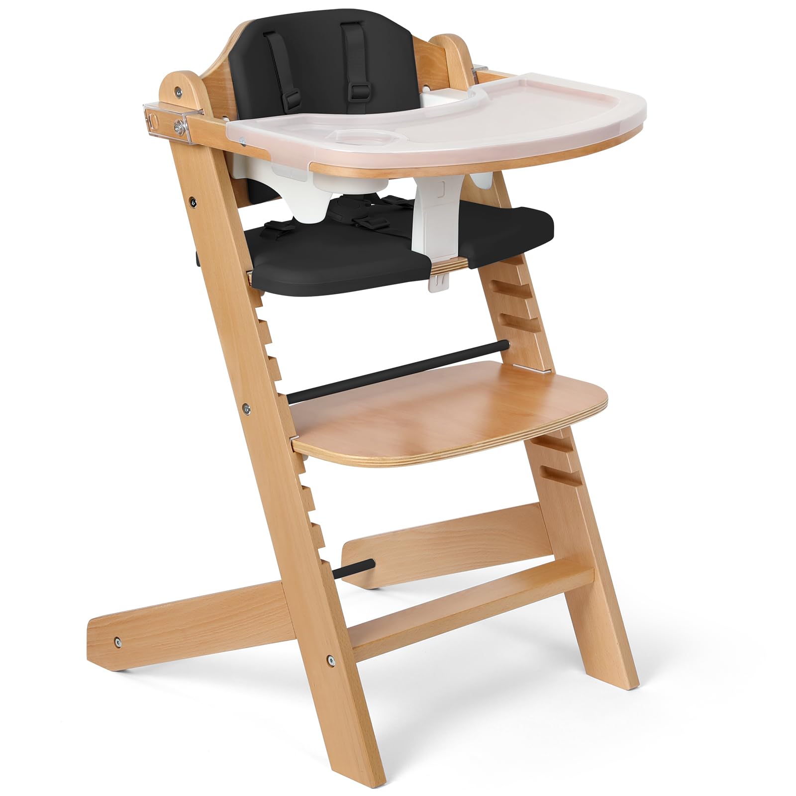 Cowiewie Natural BrownishWooden High Chair for Babies & Toddlers 3-Tier Remove Adjustable Tray and Highchair with Cushions, Easy