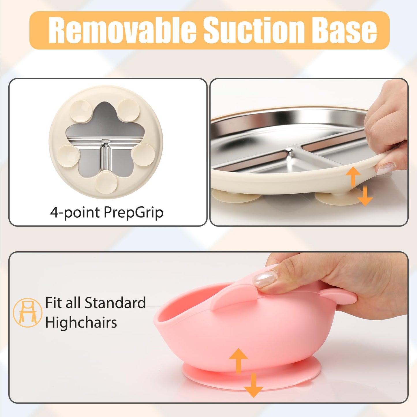 Misslili Stainless Steel Baby Plate And Bowls With Suction, Divided Kids Baby Plate And Toddler Bowl With Removable Silicone Suc