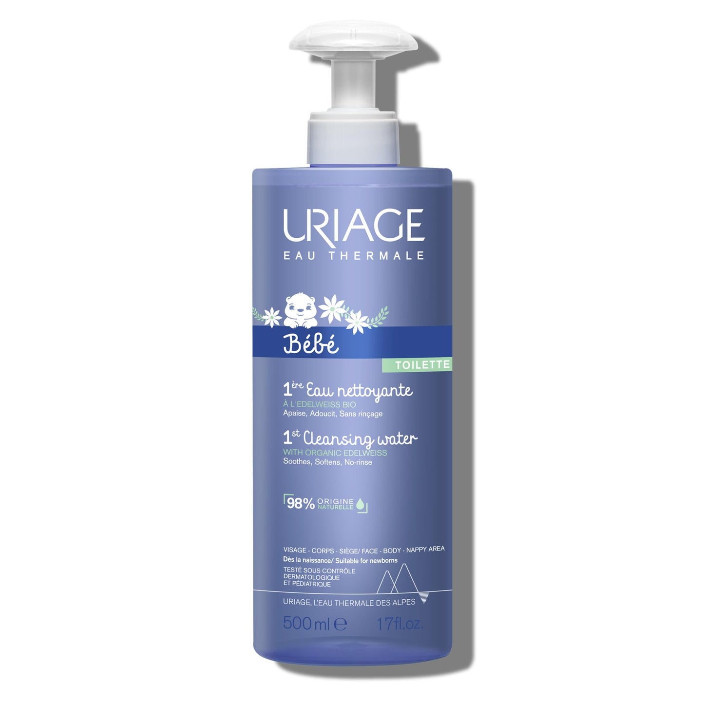 Uriage Baby 1St Cleansing Water With Organic Edelweiss I No-Rinse, Soothes, And Softens, Face & Body, Paraben & Soap Free, 500 M