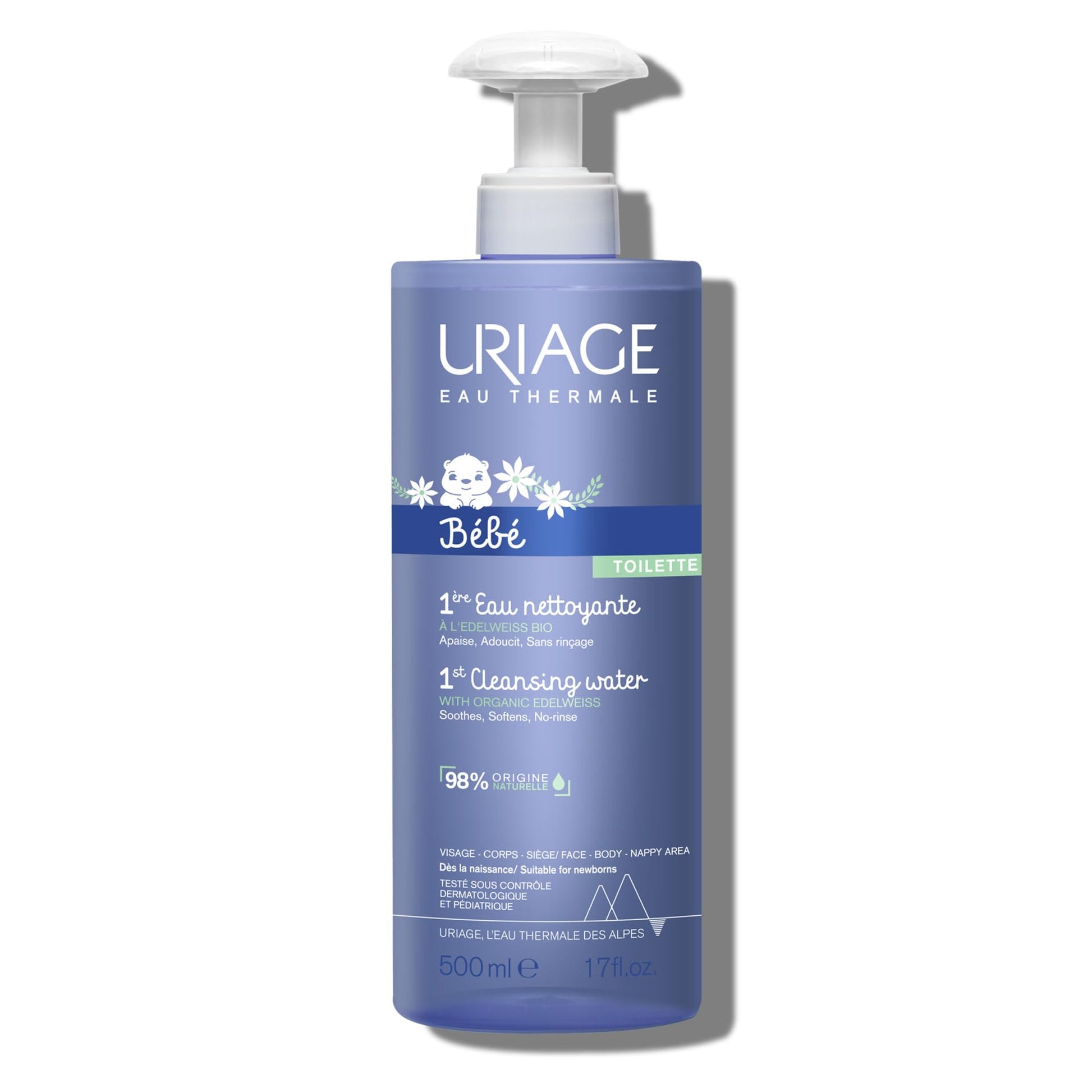Uriage Baby 1St Cleansing Water With Organic Edelweiss I No-Rinse, Soothes, And Softens, Face & Body, Paraben & Soap Free, 500 M