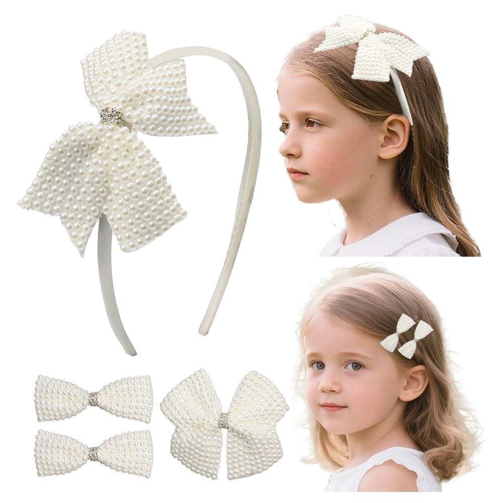JIAHANG Baby Girls Pearl Beaded Hair Bow Headband and Clips Set, Rhinestone Hair Accessories Gift 4Pcs Set for Toddlers Teens Sc