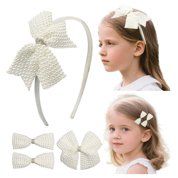 JIAHANG Baby Girls Pearl Beaded Hair Bow Headband and Clips Set, Rhinestone Hair Accessories Gift 4Pcs Set for Toddlers Teens Sc