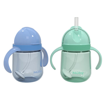 Nuby No-Spill Clik-It Silicone Straw Toddler Cup - (2 Pack) 8 Oz - 360 Weighted Straw Toddler Sippy Cup For 1+ Year Old - Blue/M