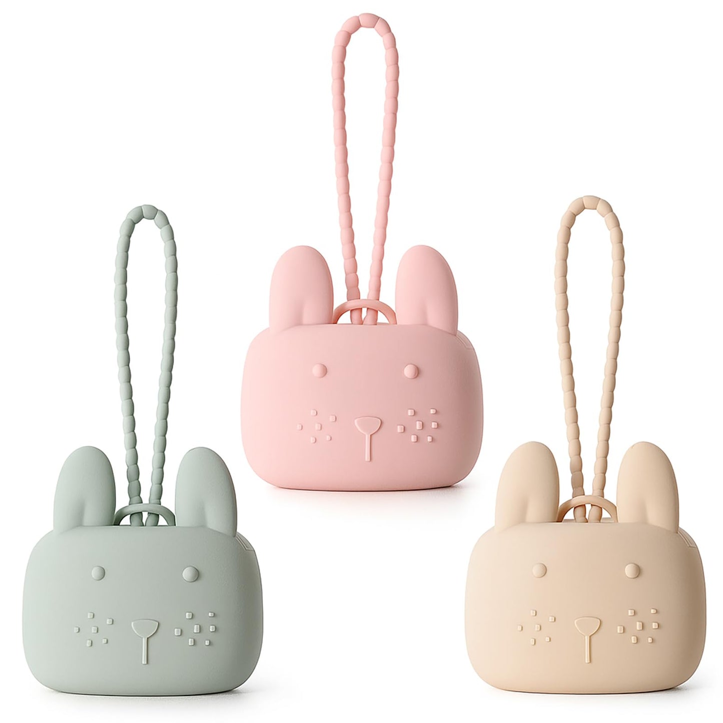 ROCCED Pacifier Holder Case Silicone Bunny Design Pacifiers Pouch with Soft Silicone Strap, Travel Storage for Stroller & Diaper