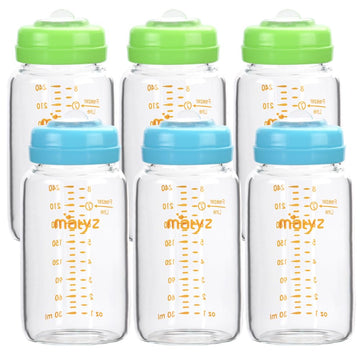 Matyz Glass Breastmilk Storage Bottles, 6 Pack, 8 Oz, Compatible With Spectra Medela Pump - Store, Freeze, Warm Up Milk Well - L
