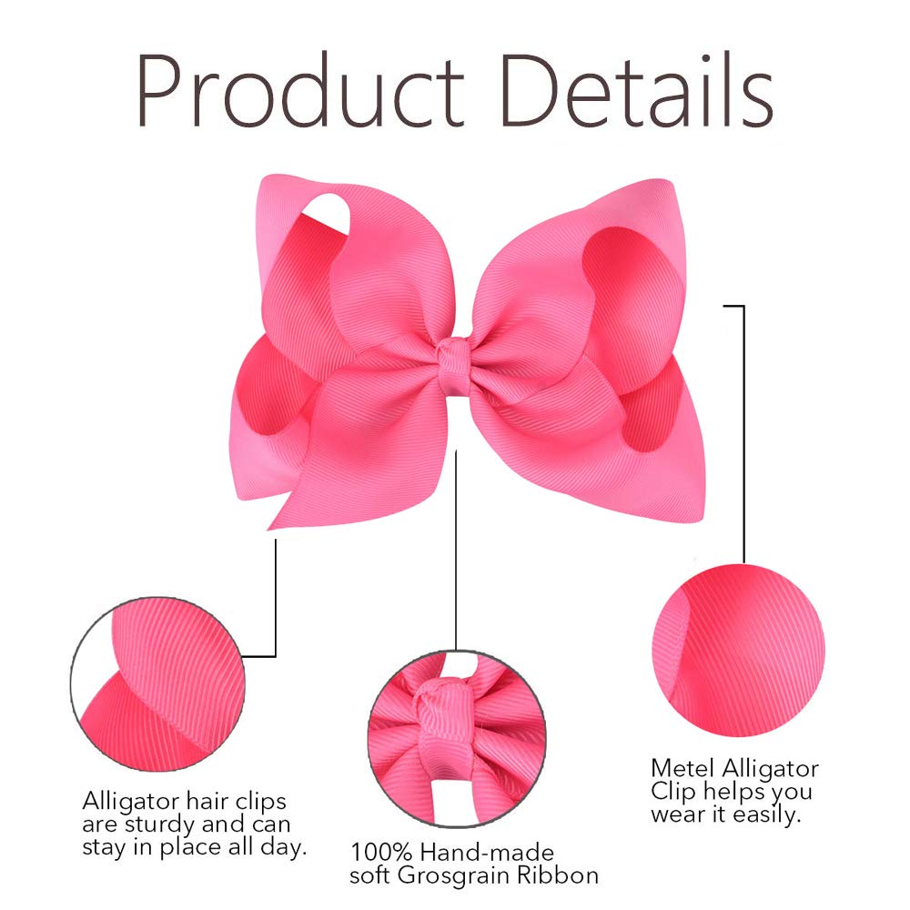 Oaoleer Big Hair Bows For Girls 12 Pcs 6' Hot Pink Grosgrain Ribbon Large Boutique Bow Alligator Clips Hair Accessories For Tod