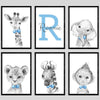 Personalized Safari Animals For Baby Boys Nursery Bedroom Unframed Set Of 6 Poster Prints, Personalized Name Blue Green Yellow B