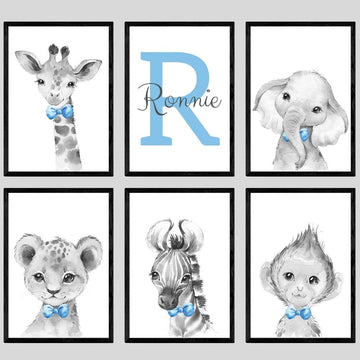 Personalized Safari Animals For Baby Boys Nursery Bedroom Unframed Set Of 6 Poster Prints, Personalized Name Blue Green Yellow B