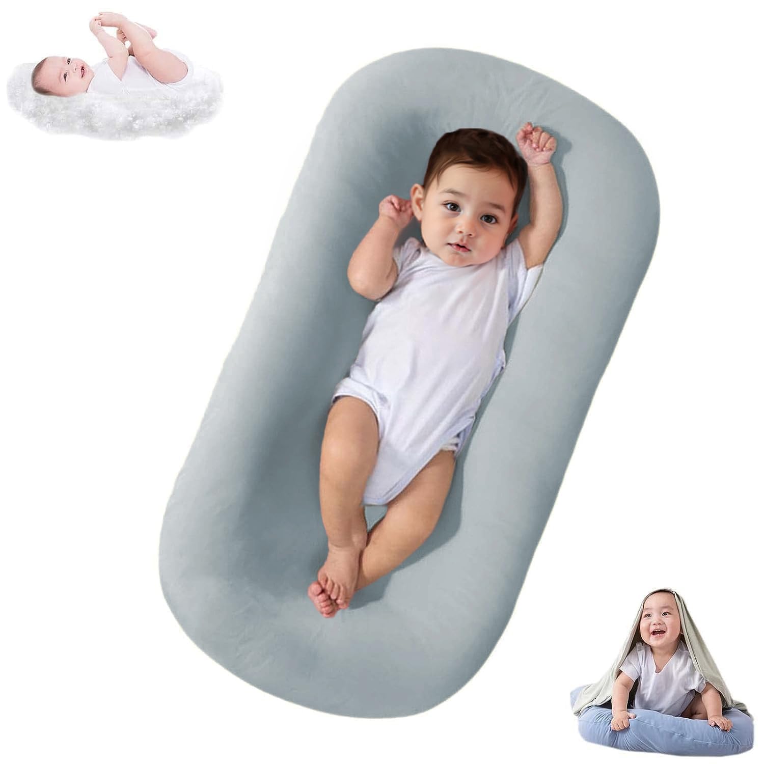 DAOLUAN Baby Lounger Bionic Organic Lounger Soft Breathable Baby Lounger for Newborn Infant Babies 0-18 Months (Grey Blue, OneSi
