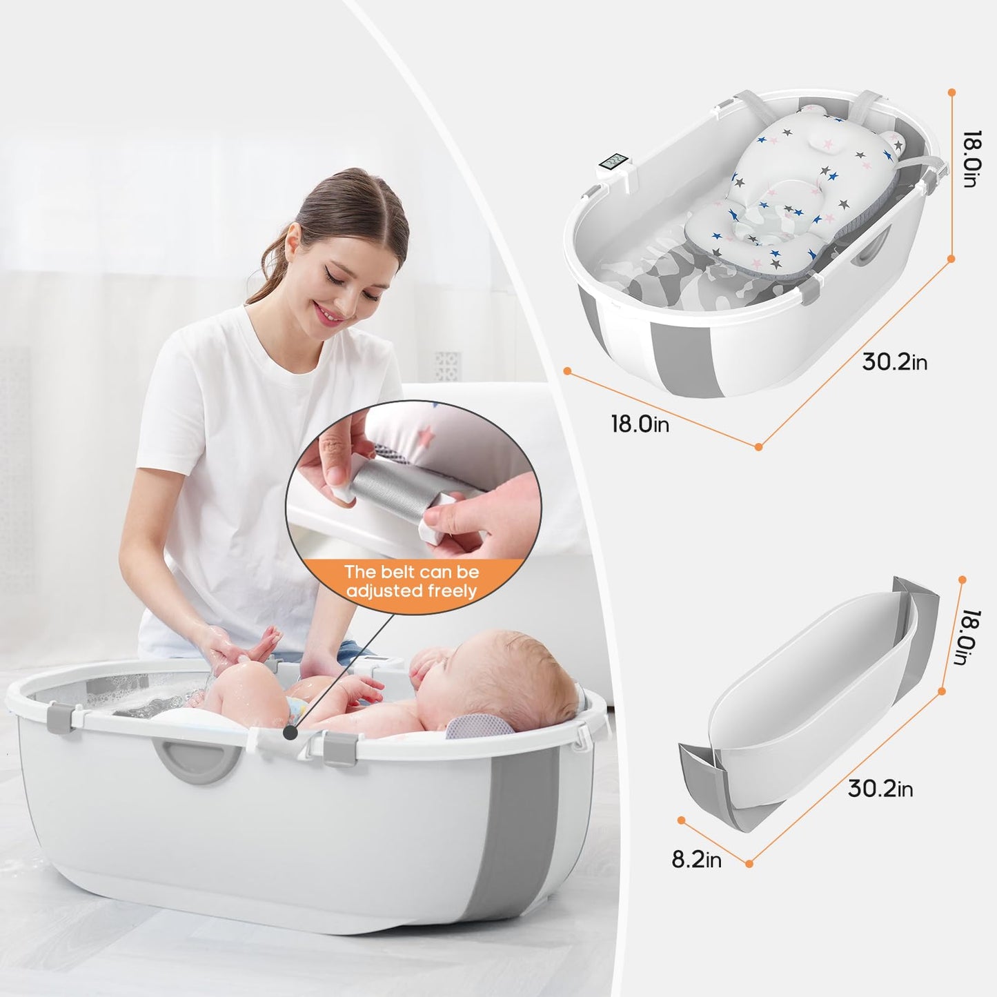 Collapsible Baby Bathtub For Infants To Toddlers With Soft Bath Cushion Foldable Baby Bath Tub With Thermometer And Drain Outlet