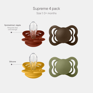 Bibs Supreme Pacifier 4-Pack, Bpa Free Dummy Pacifier, Symmetrical Nipple. Silicone, Made In Denmark, Size 1 (0-6 Months), Mocha