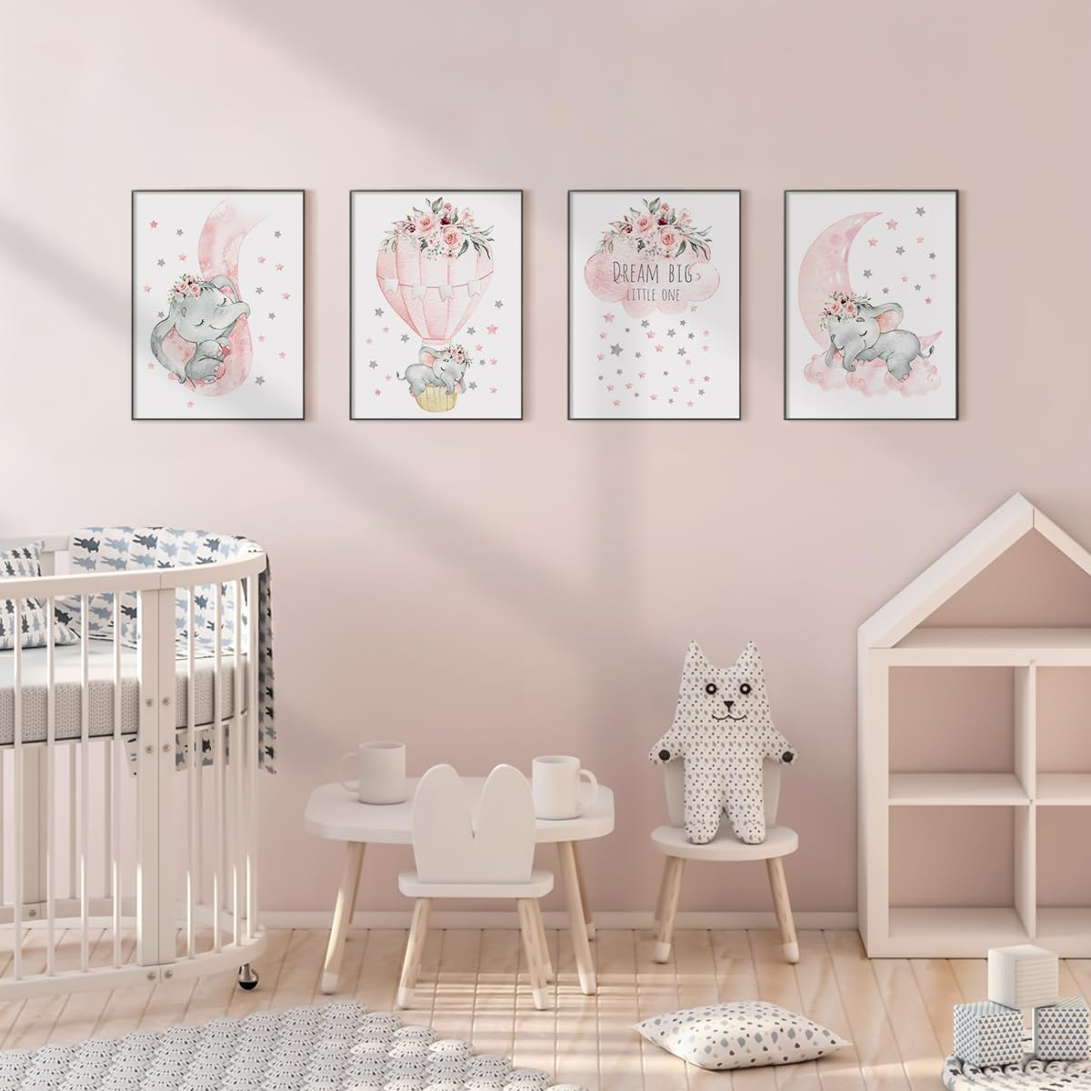 Canssape Set Of 4 Baby Wall Decor Pink Nursery Wall Art Decor For Girls Dream Big Little One Pink Elephant Kids Room Decor Poste