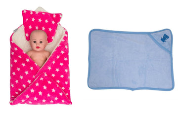 CTMKIDS Baby Wrap with Cushion Cap for Kids 74x84 cm  Pink & Hooded Baby Blanket for Kids 66x92 cm  Blue