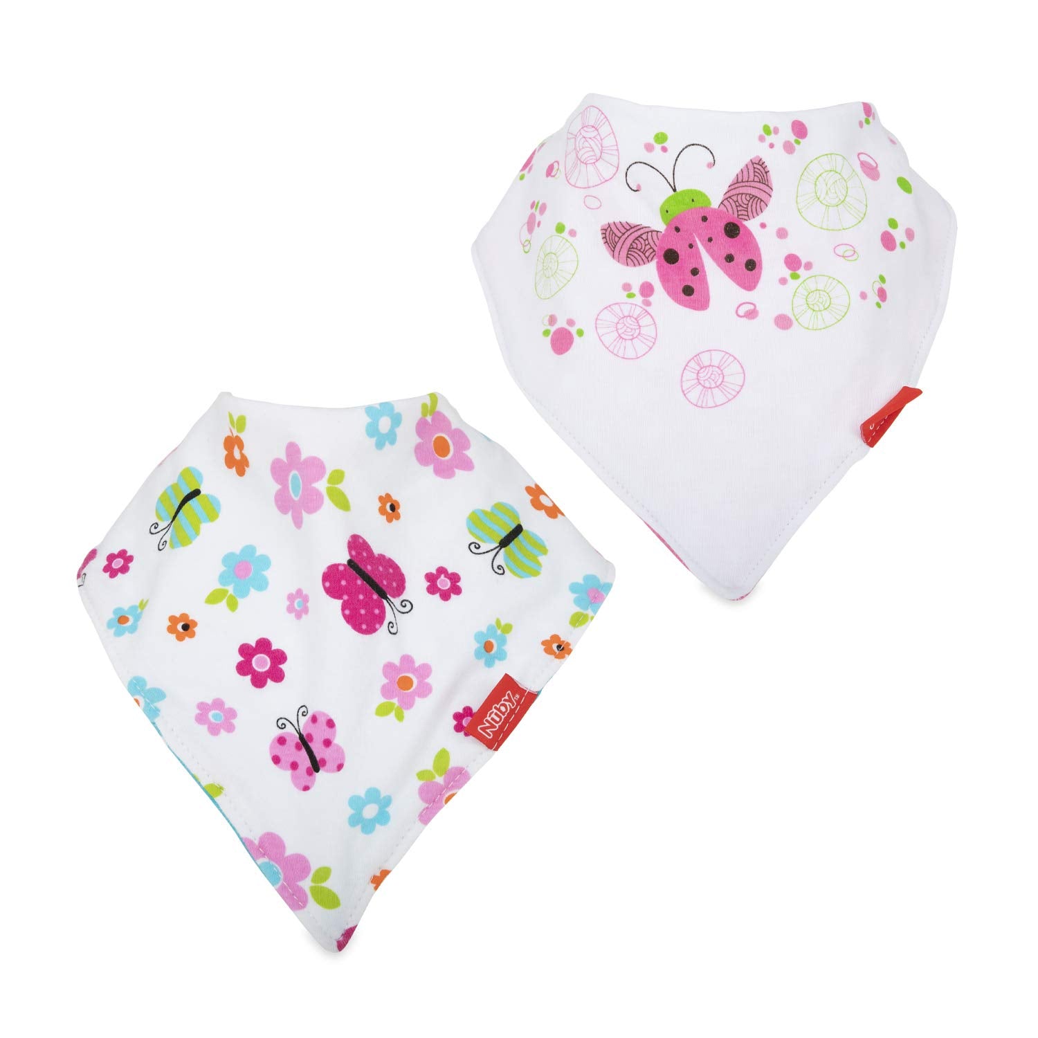 Nuby 2-pk Dribble Catcher Bandana bibs, Super Absorbent Drool Bib with Soft Comfort Neckline, Girl