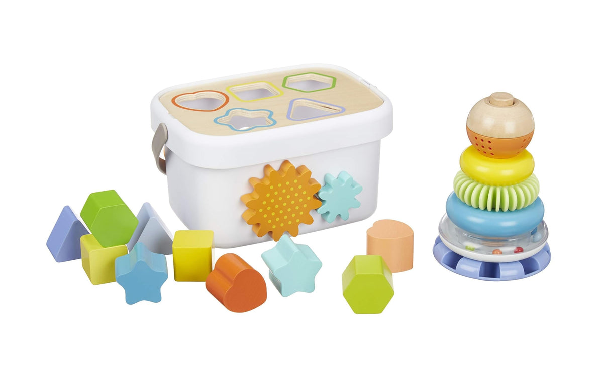 Amazon Basics Wooden Shape Sorter and Rainbow Stacker Classic Baby Toy ...