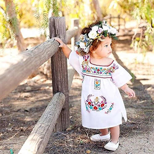 Kashoer Newborn Toddler Baby Girls Ethnic Embroidery Floral Dress Long Sleeve Party Sundress Skirt (2-3Years, White)