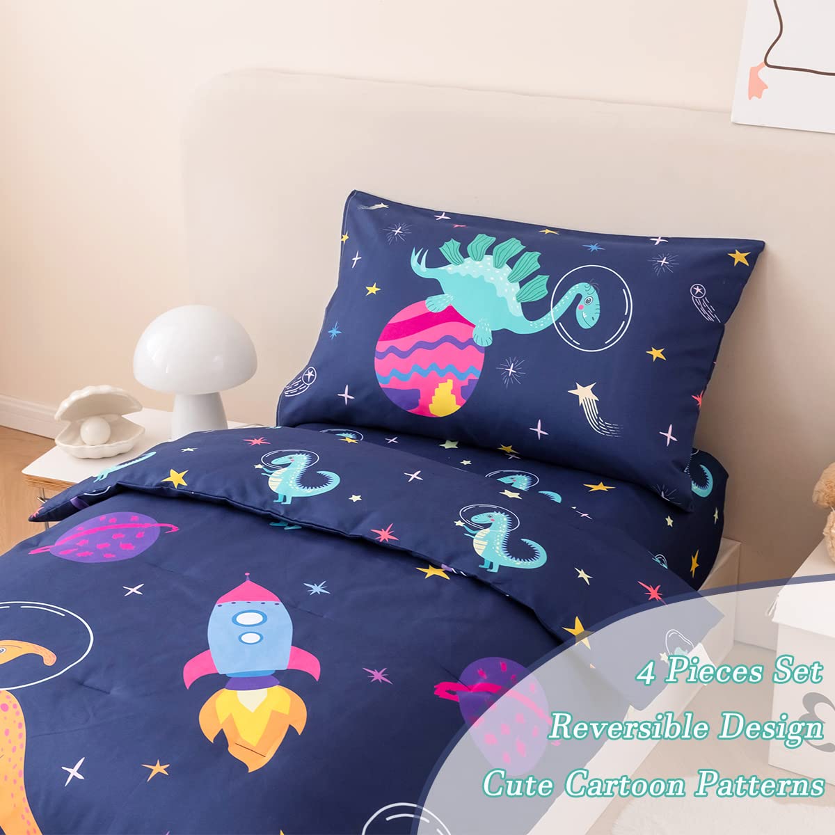 Perfemet Toddler Bedding Set 4 Pieces Cartoon Dinosaur Planet Printed Bed In A Bag For Boys Girls Reversible Navy Blue Toddler C