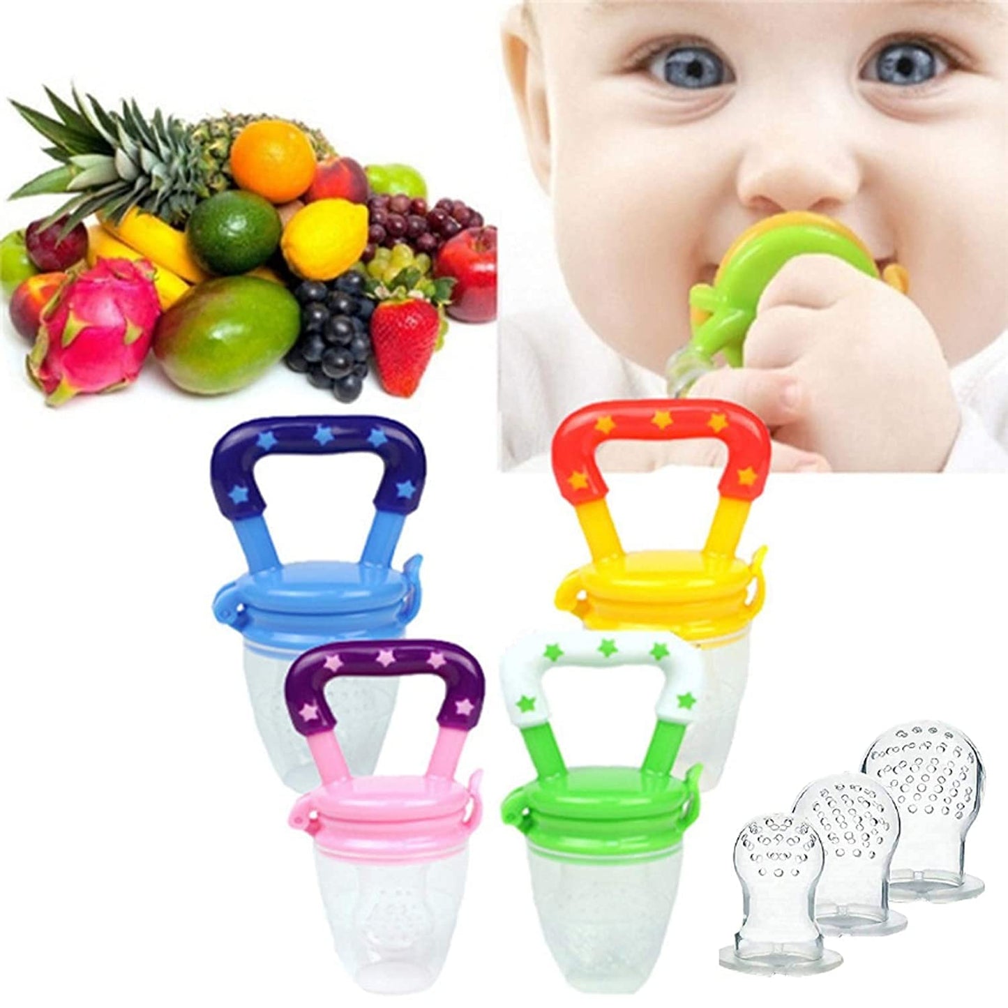 KoochieKoo BpaFree Silicone Food Nibbler, Teether With Different Size Mesh Nipples, Food Nibbler With Easy Grip Handle, Teethe