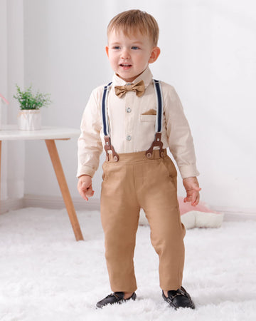 Disaur Toddler Boy Wedding Outfits Apricot Brown Long Sleeve Dress Shirt Bow Tie Suspender Pants Baptism Outfits For Boys 12 Mon