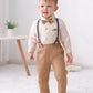Disaur Toddler Boy Wedding Guest Outfit Apricot Long Sleeve Brown Dress Shirt Bow Tie Suspender Pants Baby Formal Outfit Boy 3T