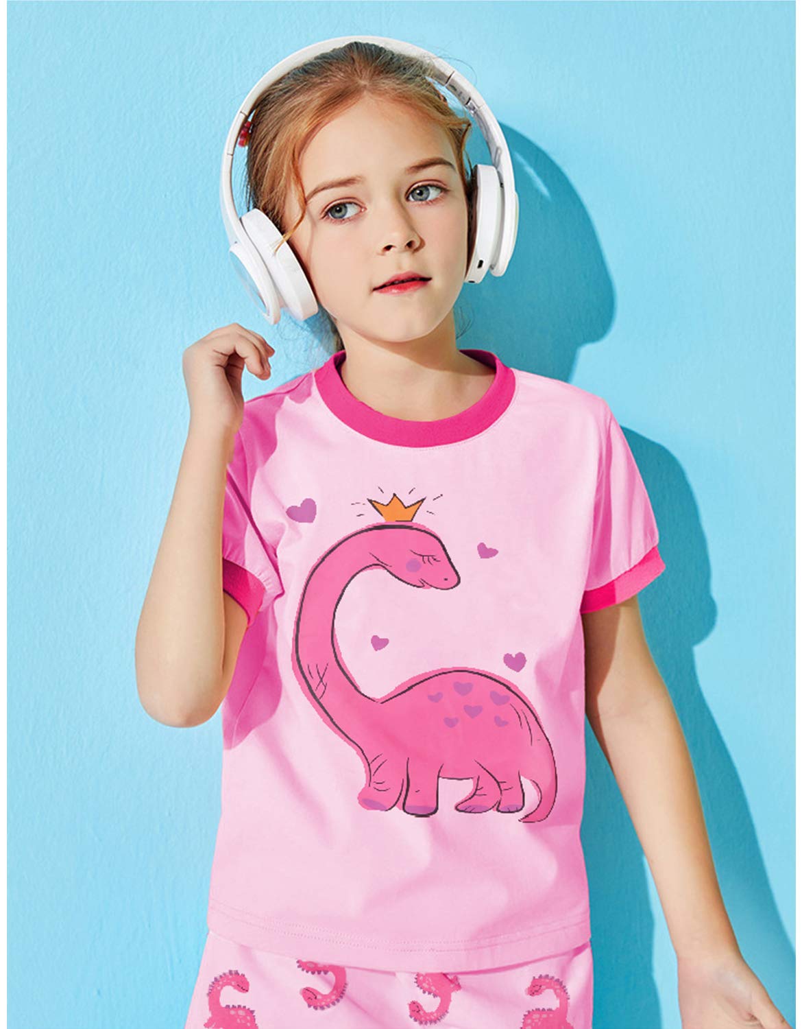 Little Hand Kids & Toddler Girls Dinosaur Pajamas 2 Piece Pjs 100% Cotton Jammies Pink Short Sets 5 Years