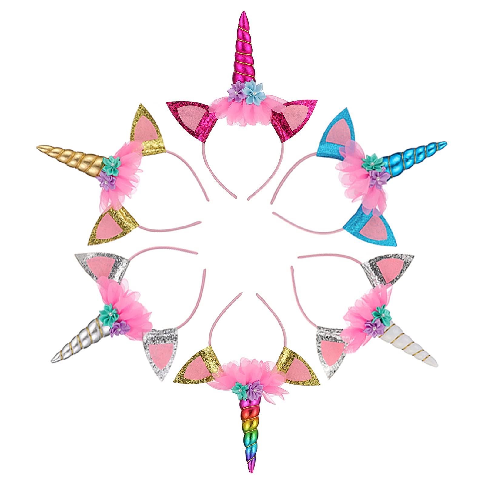 Sunovelties 6 Pack Unicorn Horn Headband Ears Photo Props Birthday Outfit Cosplay Costume Party Supplies For Teens And Adults Gi