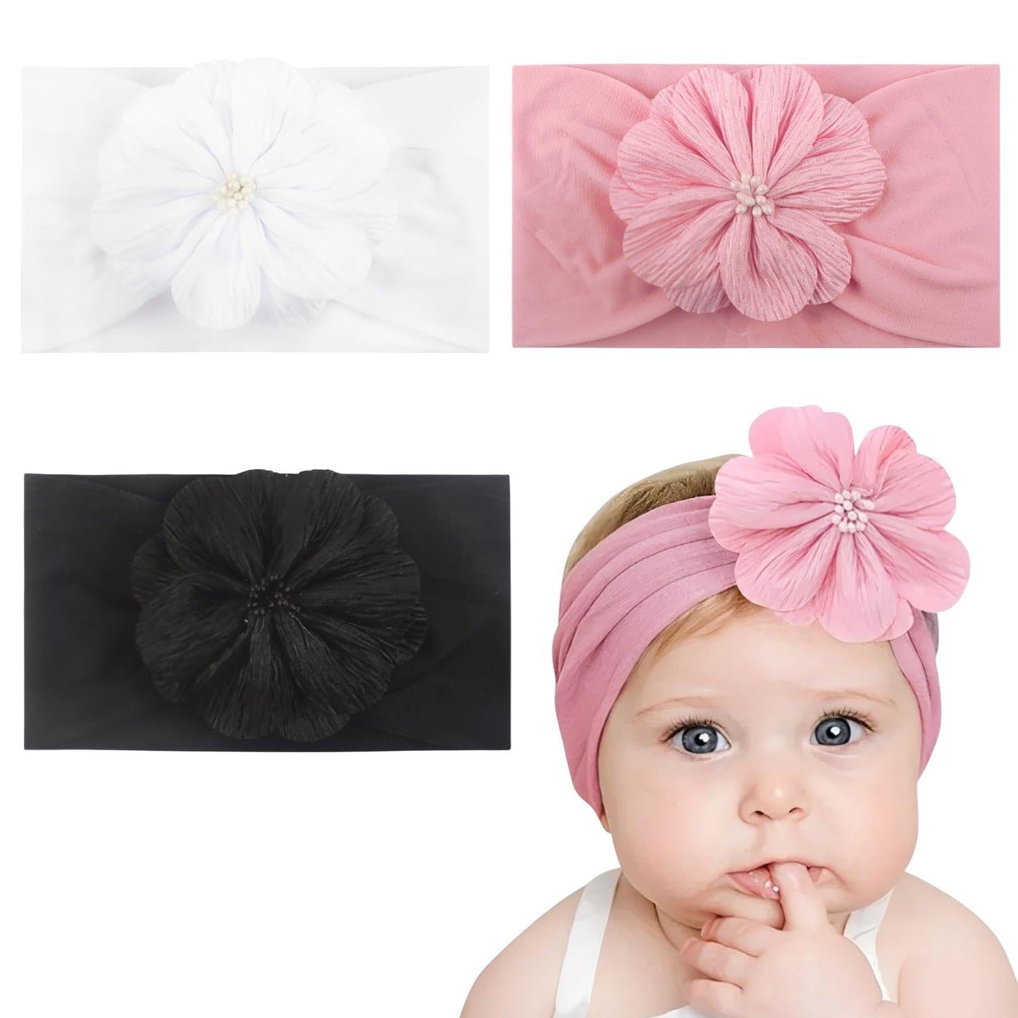 Syga Pack Of 3 Baby Headband Nylon Flower Soft Stretchable Hairband For Newborn Infant Toddler Kids For 03 Year (White, Black, 