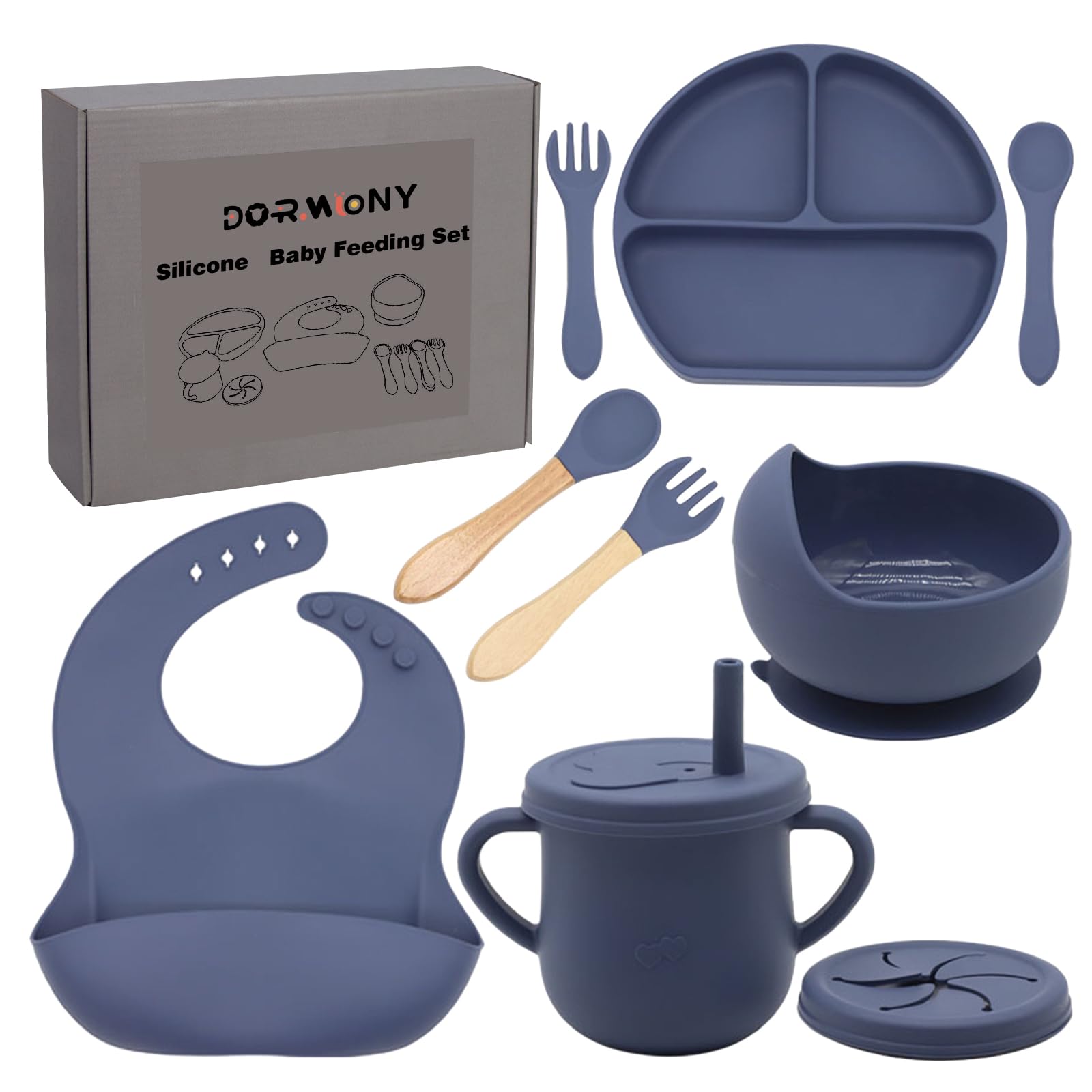 Dormlony 100% Silicone Baby Feeding Set, BPA Free Baby Dishes with Suction Bowl, Divided Plate, Toddler Self Feeding Dish Set wi