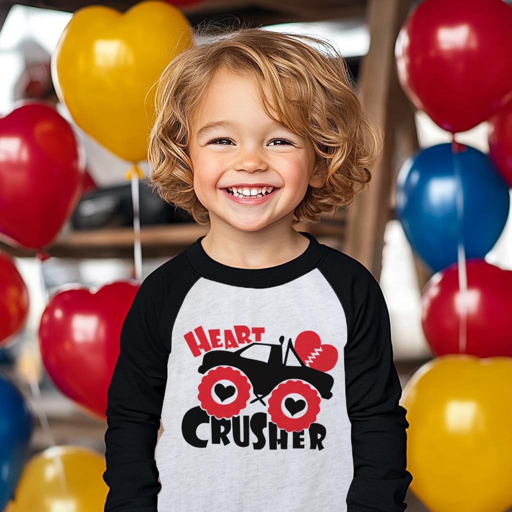 Kids Boys T-Shirt Valentines Heart Crusher Shirt Monster Truck Vday Tops Long Sleeve Raglan Toddler Baby Tees 5T