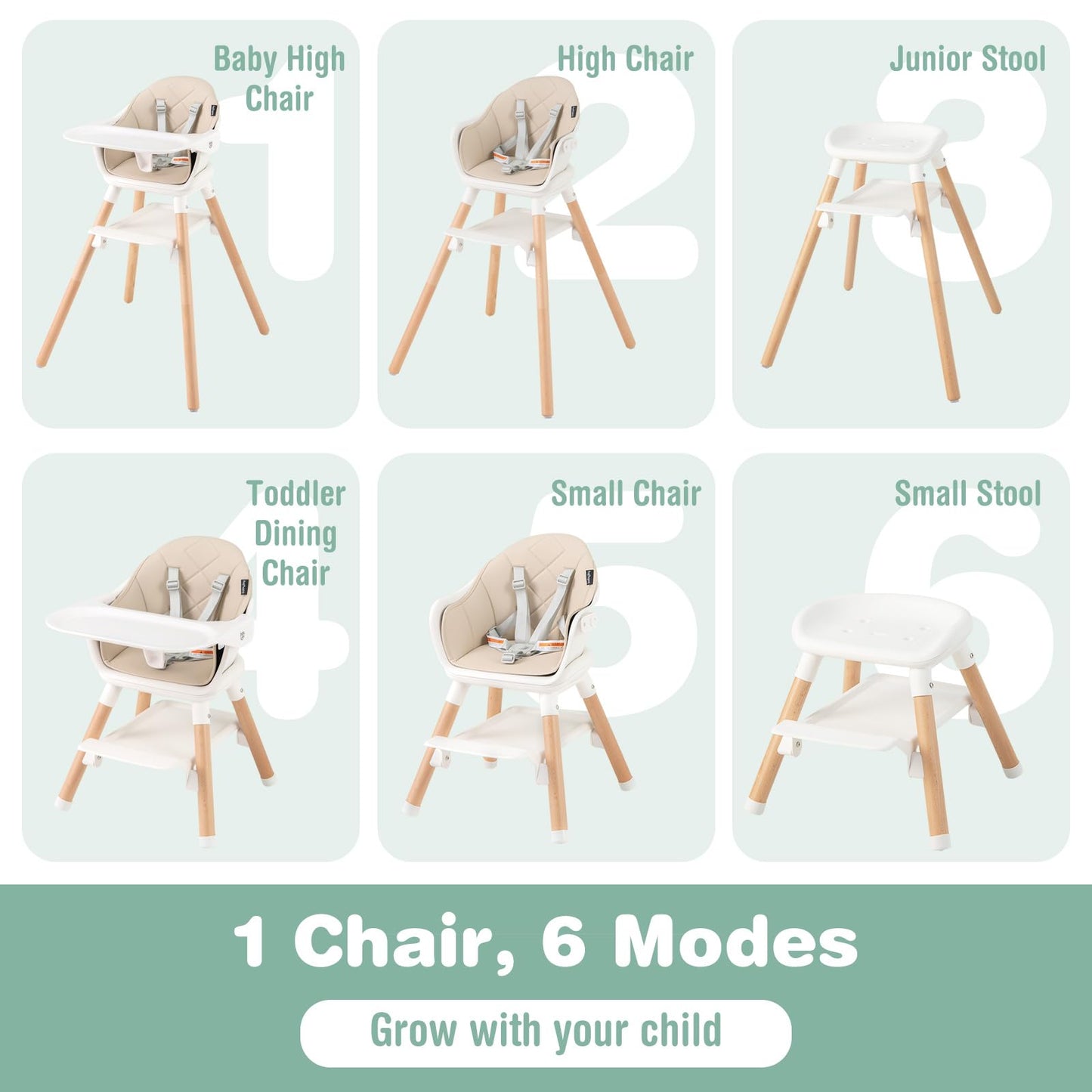 Baby Joy High Chair, 6 In 1 Convertible Wooden Highchair For Babies & Toddlers With Adjustable Legs, Double Removable Tray, Safe