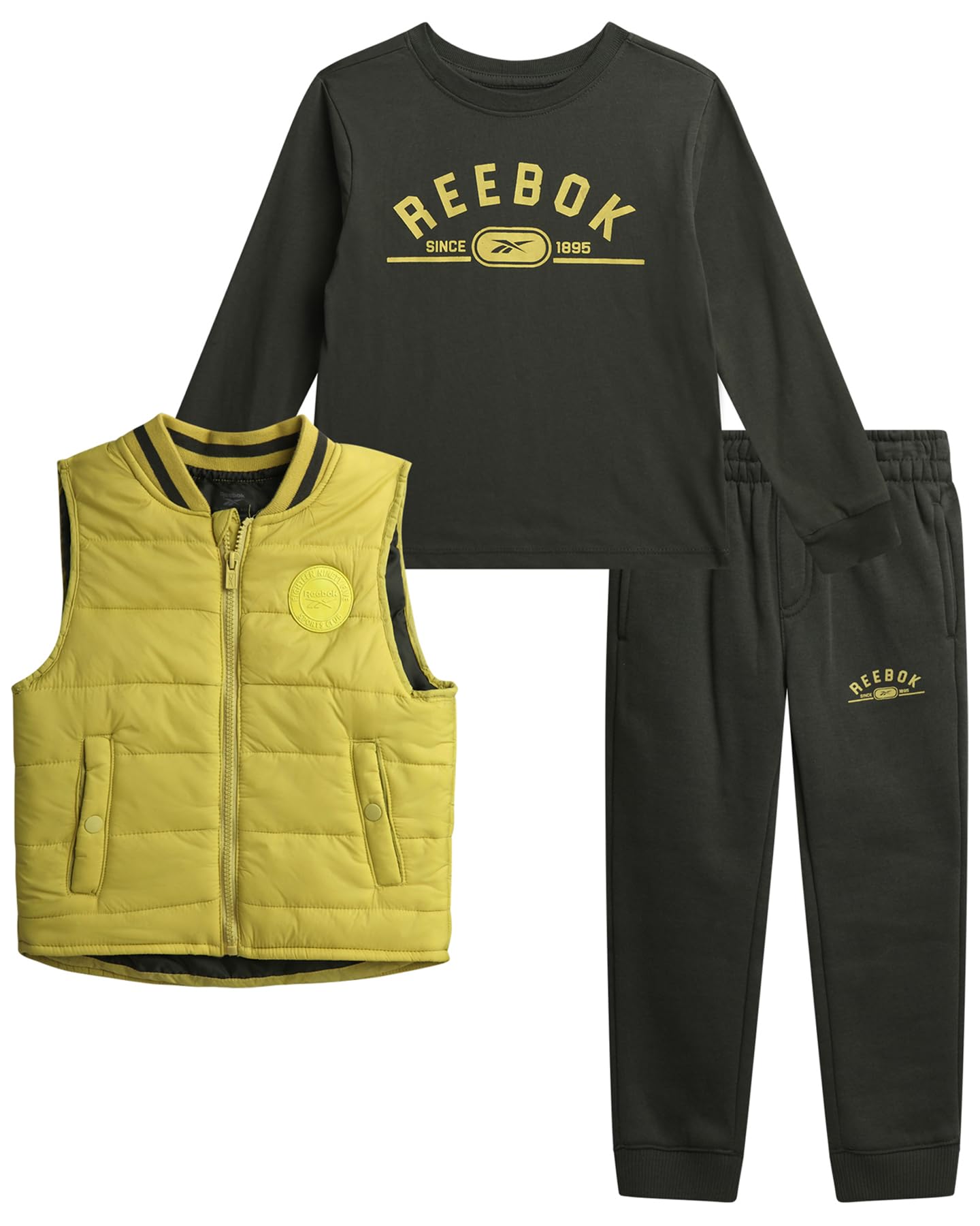 Reebok Baby Boys Pants Set - 3 Piece Full Zip Puffer Vest Long Sleeve Shirt & Fleece Jogger Pants For Infants Toddler & Kids, Si