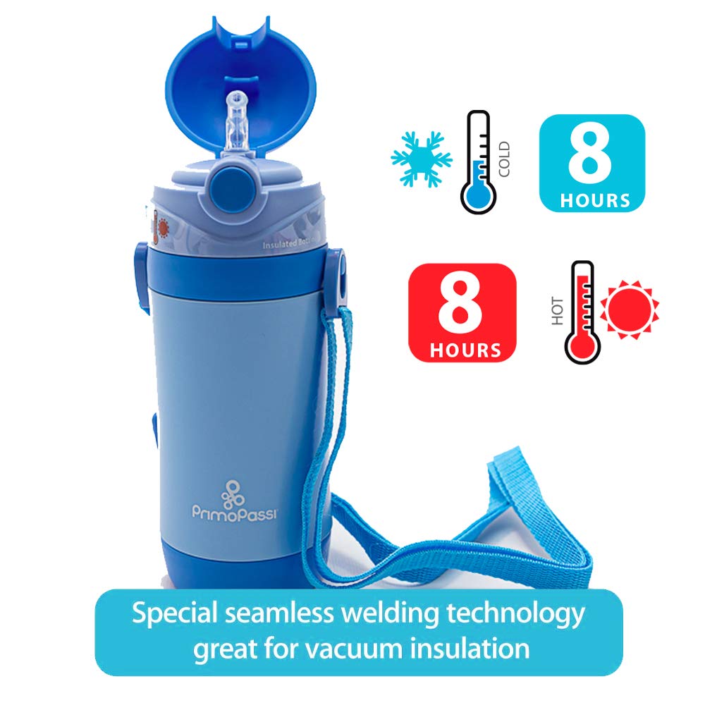 Insulated Straw Water Bottle | Kids Insulated Bottle | Thermos Bottle 12 Ounce Bottle - By Primo Passi (Blue)