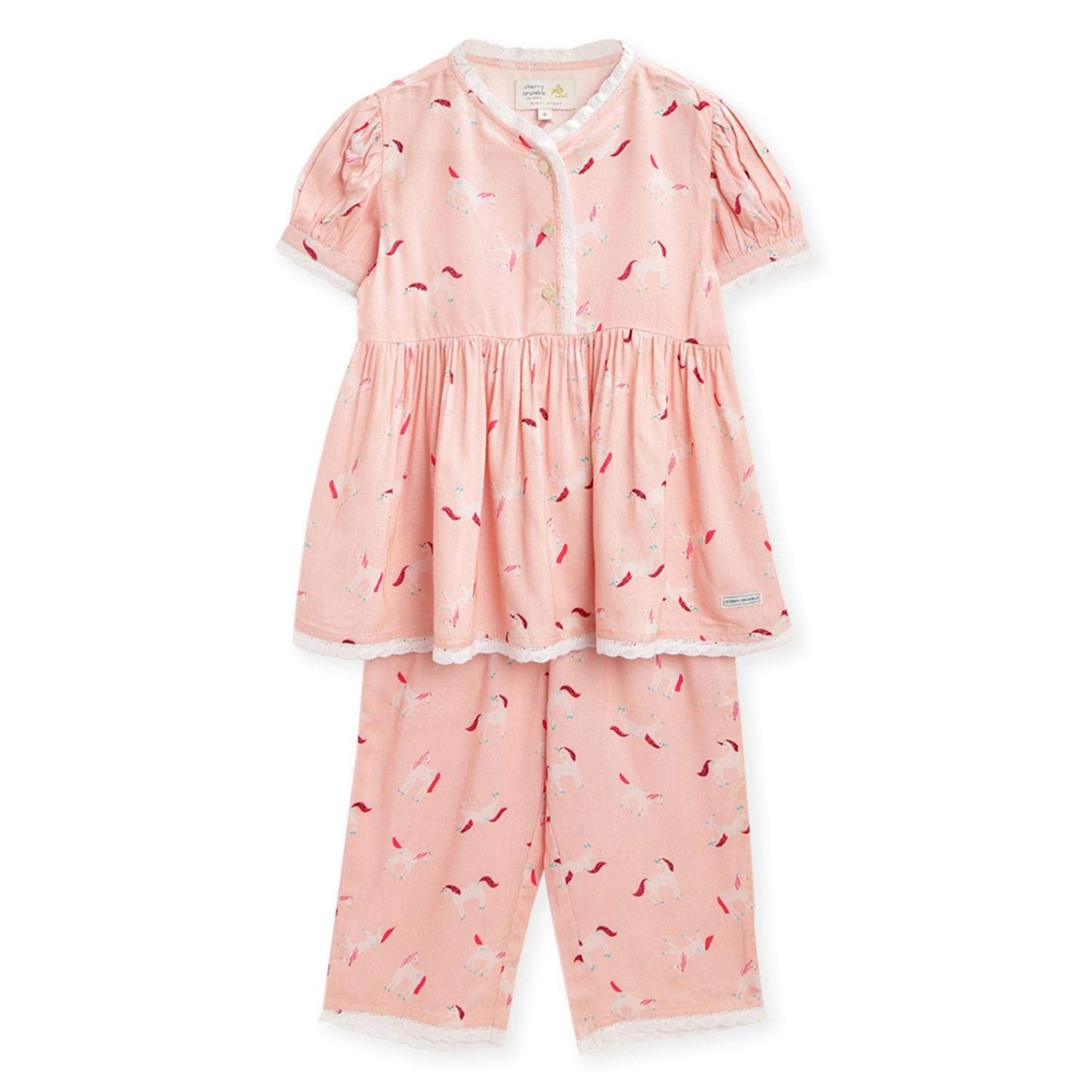 Cherry Crumble Girls Unicorn Print Top and Pyjama Regular Nightsuit (WsGnsuitZ5307_Peach_1824 Months)