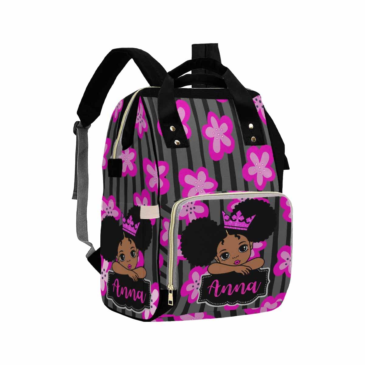 Artsadd Personalized Large Capacity Diaper Bags, Princess Crown Stripes Daypack Baby Backpack Custom Name Backpack Casual Daypac