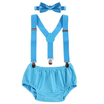Baby Boys Cake Smash Clothes Diaper Suspenders Pants Bow Tie 3Pcs Set First 1St 2Nd Birthday Outfit For Photo Prop Party Blue 3-