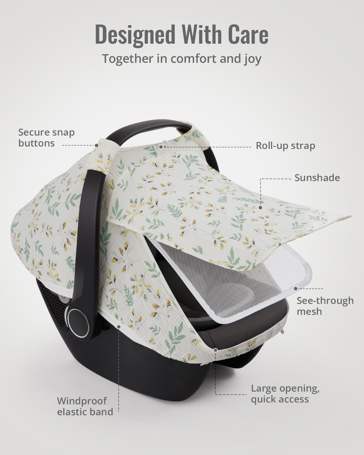 Blissful Diary Baby Car Seat Cover, Extra Large Mesh Window, Breathable Muslin Cotton, Infant Windproof Canopy - Botanical Leaf