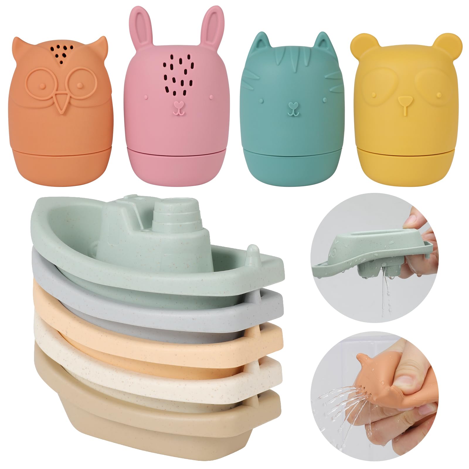 HYSZXUS Bath Toys Floating Boats with Silicone Bath Toys,9pcs Mold Free Baby Bath Toys for Infants 6-12-18 Months,Water Table To