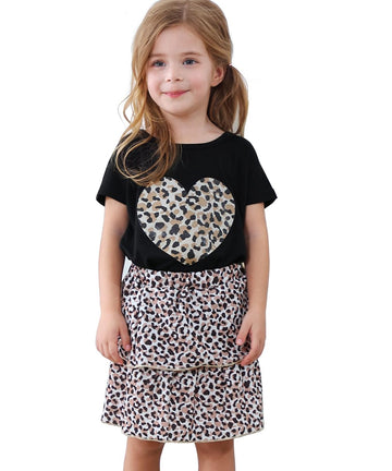 Akyzic Girls Summer Outfit Two Piece Clothing Set Heart Print Shirt Cheetah Print Layered Back To School Skirt Sets 6 Years