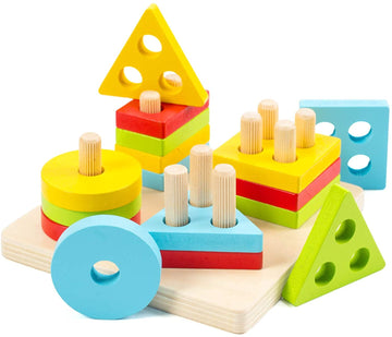 WOOD CITY Wooden Montessori Sorting & Stacking Toys for Toddlers 1 2 3 Year Old, Educational Shape Color Recognition Puzzle Stac