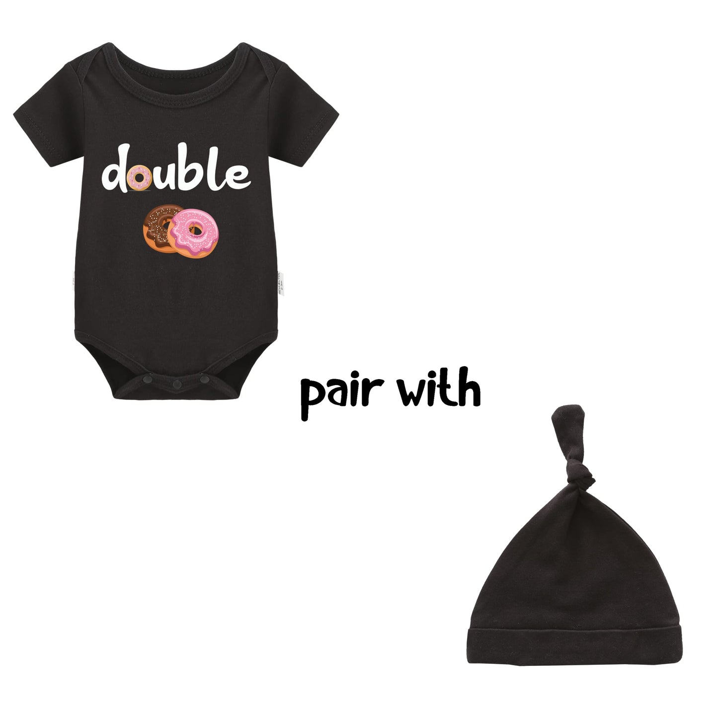 Ysculbutol Baby Twins Bodysuits Funny Double Trouble Cute Romper Twin Jumpsuits Hat Set(Sweet Blacksm)