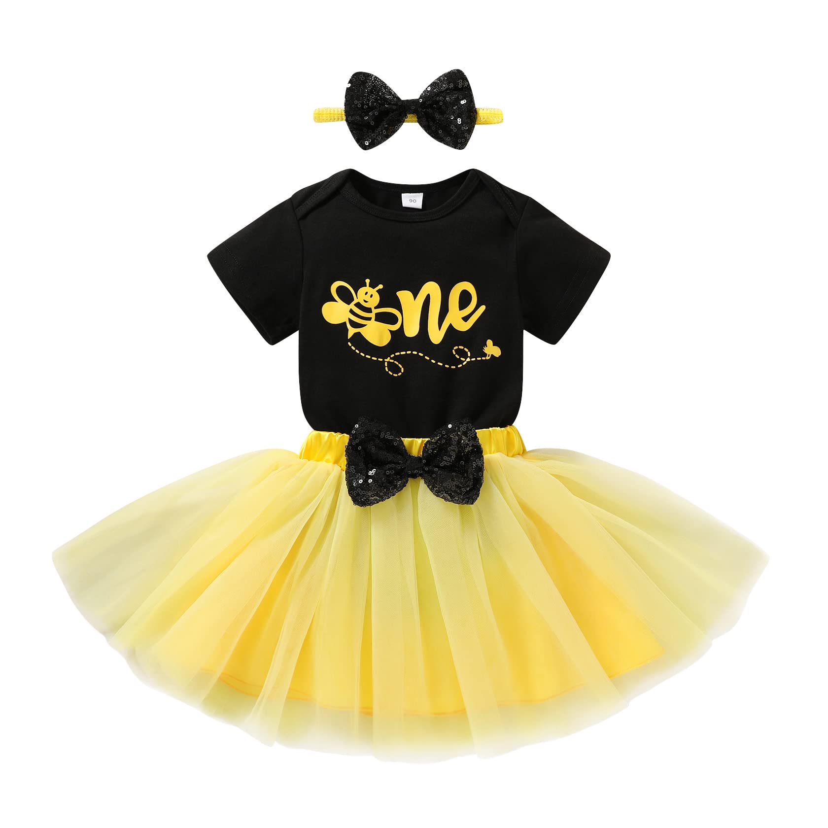 Happyma Baby Girls One 1St Birthday Outfit Bee Romper Tulle Tutu Skirt Sets Sequin Bow Princess Party Clothes (12-18 Months, Bla