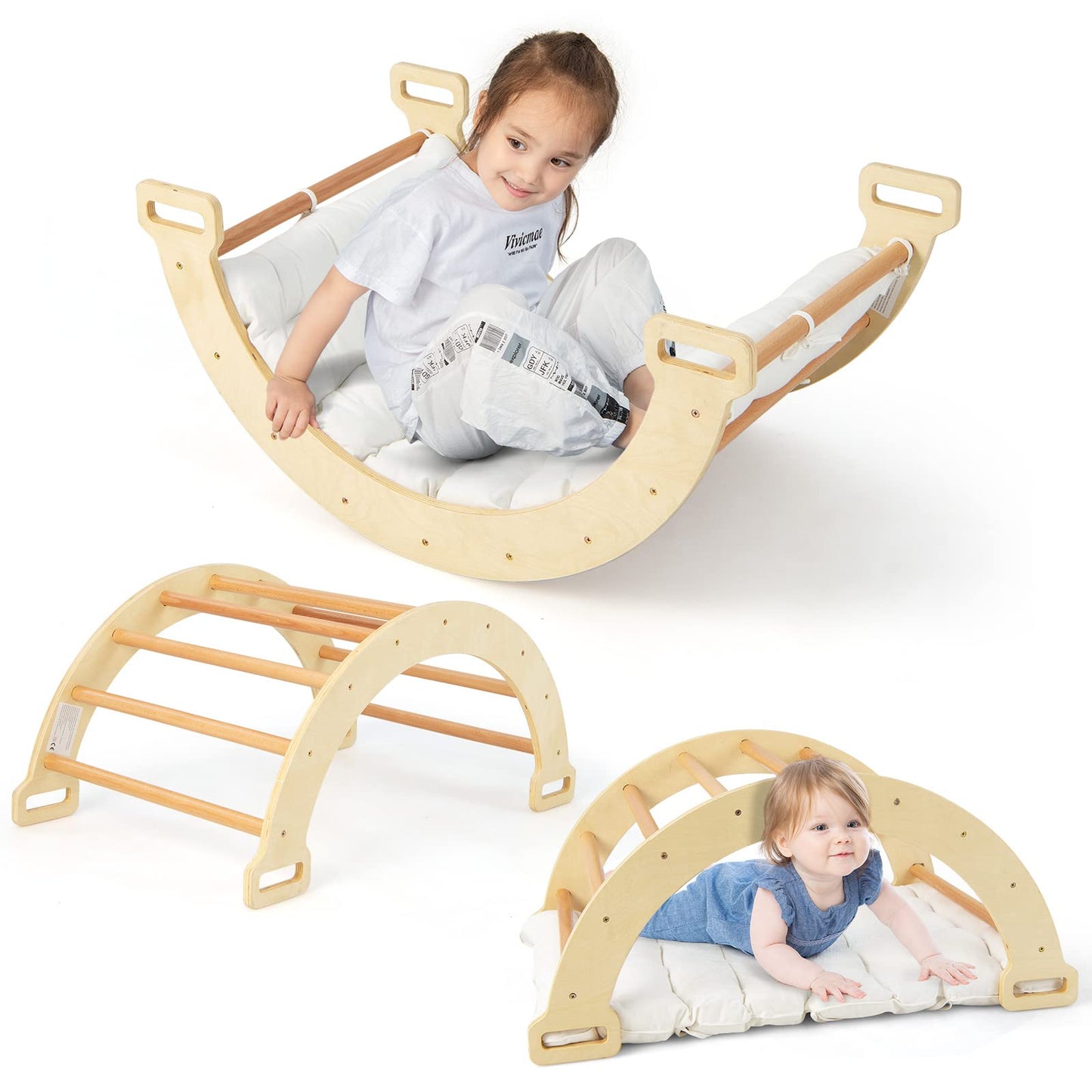 Honey Joy Wooden Ladder Arch For Climbing, 3-In-1 Kids Climber Ladder & Rocker Board W/Cushion Pad, Triangle Climber For Playgro